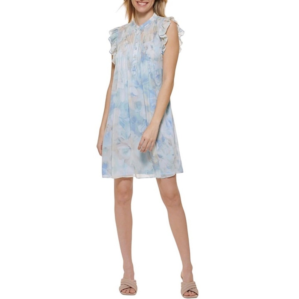 Calvin Klein Big Floral Pleated Chiffon Dress in Serene Multi Women's Size 6